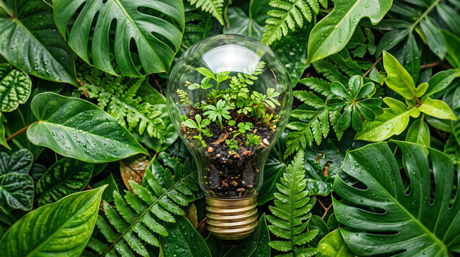 Light bulb with small plants growing inside, symbolizing sustainable energy and environmental conservation on a lush green background