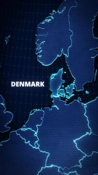 A vertical glowing digital map animation highlighting Denmark, Europe, featuring neon outlines, a tech grid background, and country typography, optimized for short-form social media.
