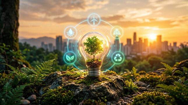 Ecofriendly concept with a glowing light bulb containing a green tree on a mossy rock, surrounded by digital renewable energy icons, with a cityscape and sunset in the background