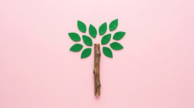 Minimalist tree made of a wooden stick and felt leaves