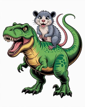 Green tyrannosaurus rex with an opossum riding on its back colorful vector illustration.