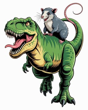 Green tyrannosaurus rex with an opossum riding on its back colorful vector illustration.