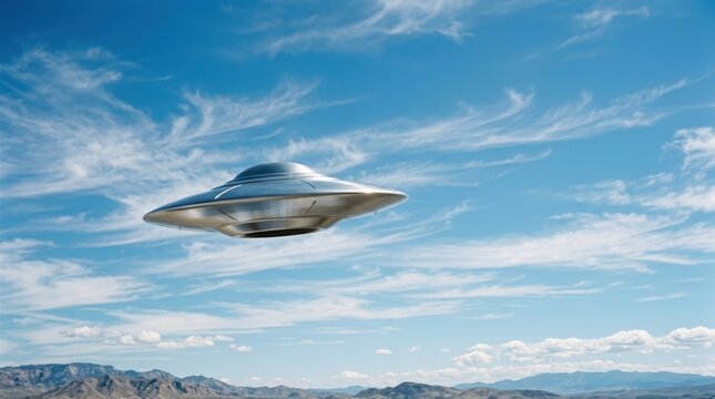 Silver ufo flying over a desert landscape