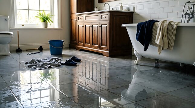 A flooded bathroom floor with water damage covering the tiles near a wooden vanity cabinet and a white bathtub