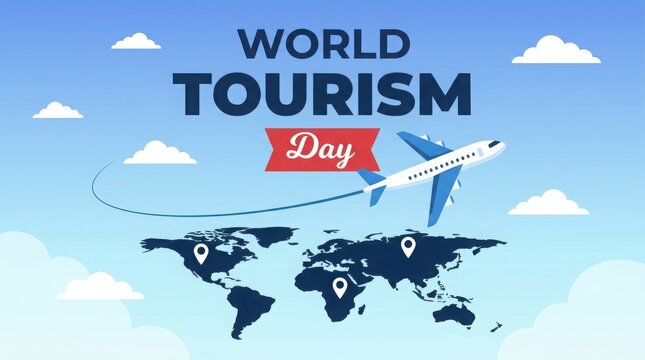 World tourism day banner with airplane and world map