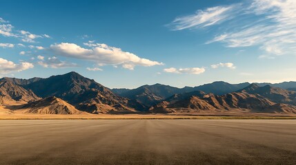 Fototapeta premium Arid desert landscape with dry lake bed and rugged mountain range