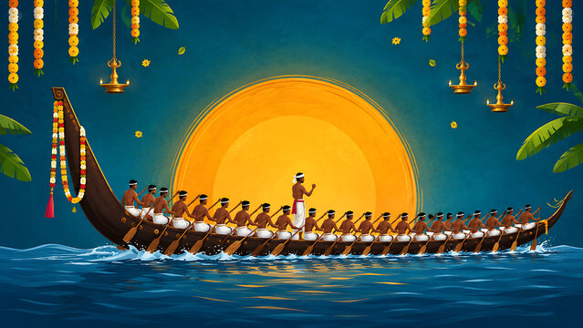 Traditional snake boat with active rowers sailing across water against huge sunset during happy onam a beautiful south indian festival in kerala