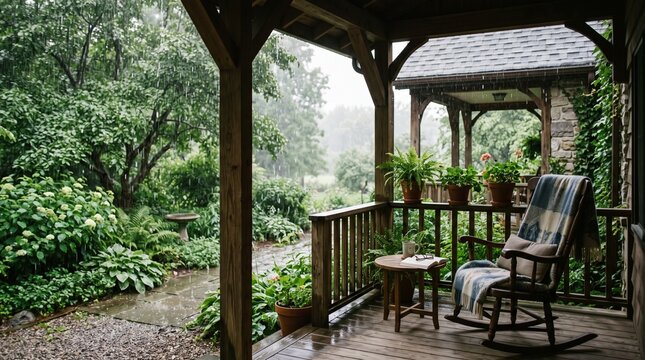 A serene, covered wooden porch with potted plants and a rocking chair overlooking a lush green garden during a steady rain shower.