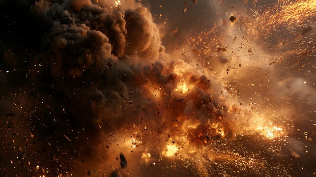 Violent explosion with fire, smoke, and flying debris in dark background