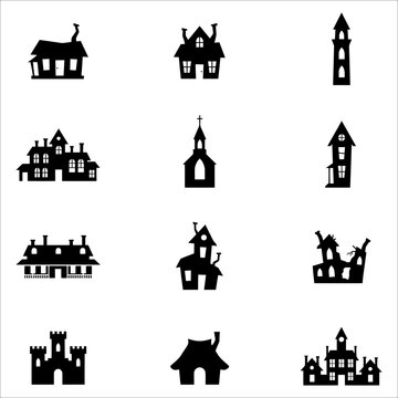 Collection of spooky haunted house and building silhouettes for halloween