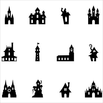 Collection of spooky haunted house and castle silhouettes