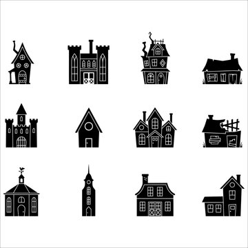 Collection of whimsical black silhouette houses and haunted buildings
