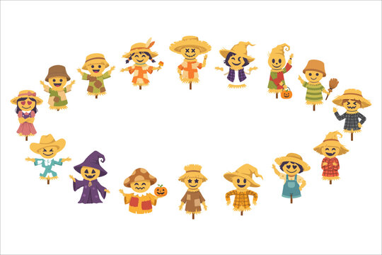Collection of adorable cartoon scarecrows for autumn and halloween themes