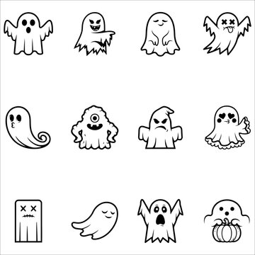 Collection of playful black and white ghost and halloween icons