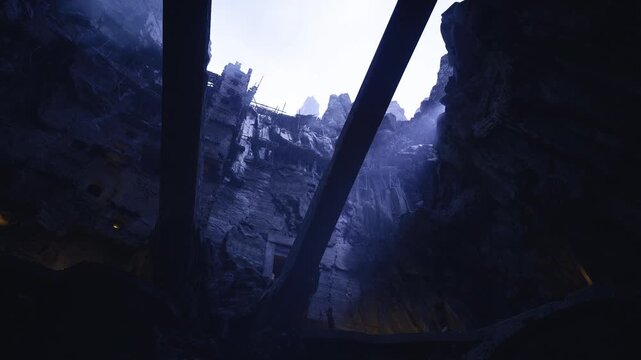 Vertical shaft in cavern spilling violet light onto jagged ledges, deep shadow pools and distant bridge silhouettes, cold atmosphere with textured stone