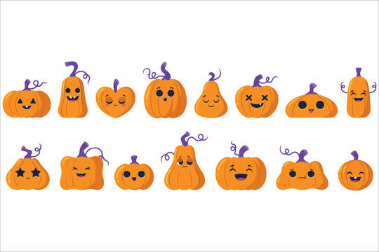 Cute cartoon pumpkins with various expressions for halloween designs