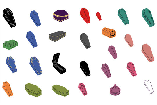 Colorful collection of cartoon coffins and casket illustrations