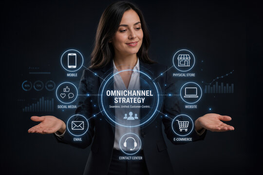 Businesswoman presenting omnichannel strategy with digital icons for mobile social media email website e-commerce contact center and physical store seamless unified customer-centric approach