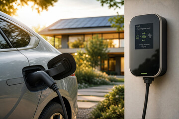 Electric vehicle plugged into smart bidirectional V2G charging wallbox at luxury modern home showing energy returning to grid sustainable energy storage power management home infrastructure © Bartek