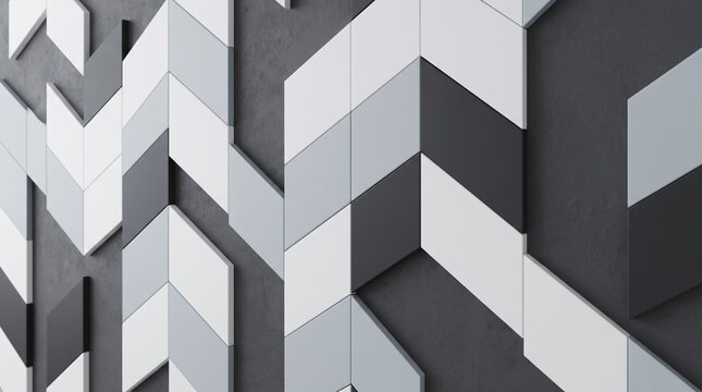 Abstract geometric wall pattern featuring white and grey tiles arranged in a modern chevron design layout