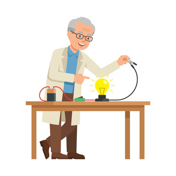 Senior Scientist Conducting Electrical Physics Experiment with Light Bulb