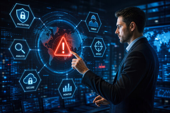 Business professional analyzing cyber threats on digital holographic interface with futuristic security icons global threat detection and incident response visualization for cybersecurity operations