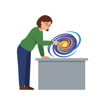 Woman Scientist Examining Holographic Galaxy Model in Modern Laboratory Research Setting