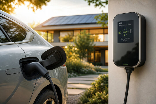Electric vehicle plugged into smart bidirectional V2G charging wallbox at luxury modern home showing energy returning to grid sustainable energy storage power management home infrastructure