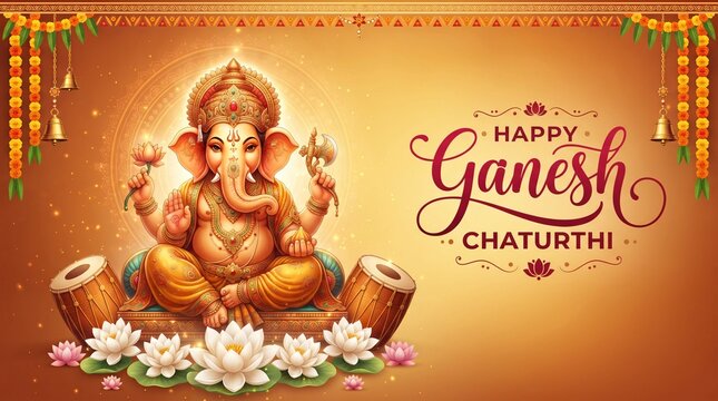 Golden Hindu Lord Ganesha statue with flowers celebrating vibrant Ganesh Chaturthi festival poster