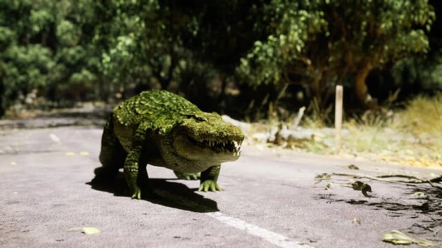 Mossy crocodile prowling sunlit country road, urban explorer encounter with textured scales, roadside foliage and heat haze, tense predator stance on asphalt,