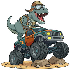 Cartoon trex dinosaur wearing aviator goggles and hat driving a monster truck over rocks © Mizan
