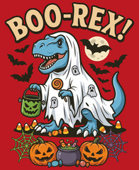 Cute trex dinosaur dressed as a ghost for halloween trick or treat with pumpkins and bats © Mizan