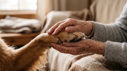Fototapeta na wymiar Senior person gently holding a dog's paw, showing love and companionship