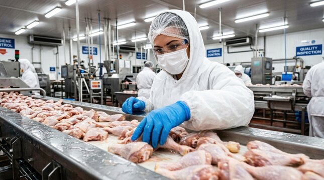Food factory worker in protective white suit, mask, and blue gloves inspecting raw chicken drumsticks on conveyor processing line.