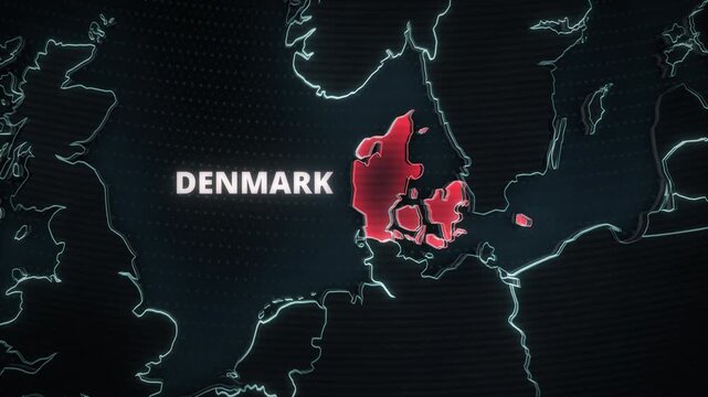 A 3D broadcast map animation of Denmark, Europe, featuring a glowing red alert highlight, extruded neon borders, and typography for widescreen news presentations.
