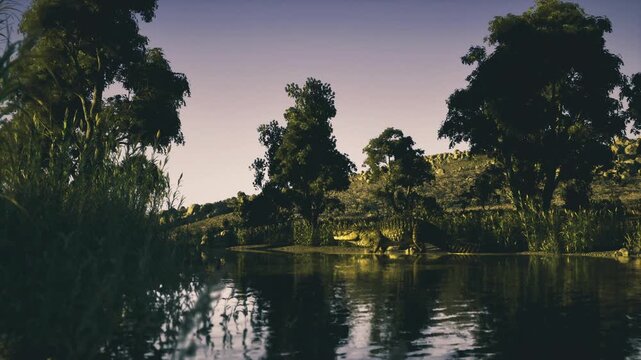 Twilight wetland reflecting trees and sky, still water mirror with soft ripples, reedfringed pond and distant gumtree silhouettes, dusky color palette, tranquil