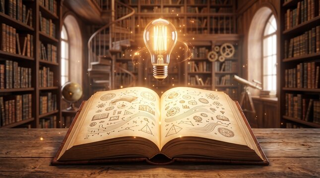 Illuminated Knowledge: An open antique book with whimsical drawings, bathed in the warm glow of an illuminated Edison bulb, sits on a wooden table in a grand library filled with bookshelves.