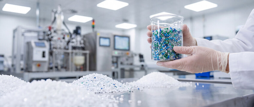 Laboratory technician holding jar of plastic pellets in cleanroom polymer production quality control facility