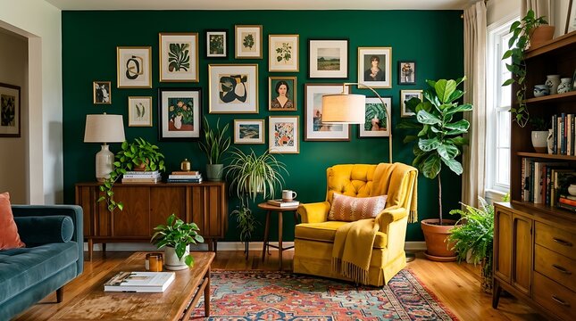 Cozy living room interior with a yellow armchair and a dark green wall featuring a gallery of framed art pictures