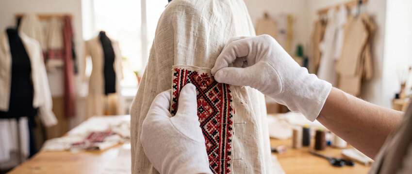 Conservator stitching traditional Ukraine embroidered folk textile on linen sleeve with white gloves