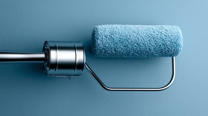 Obraz premium A close-up of a blue paint roller against a soft blue background, perfect for DIY projects.
