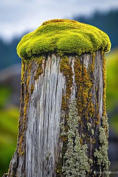 Old tree stump topped with vibrant green moss wood