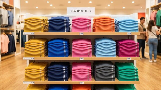 Stacks of colorful folded t-shirts on wooden shelves in a clothing store with shoppers walking in the background