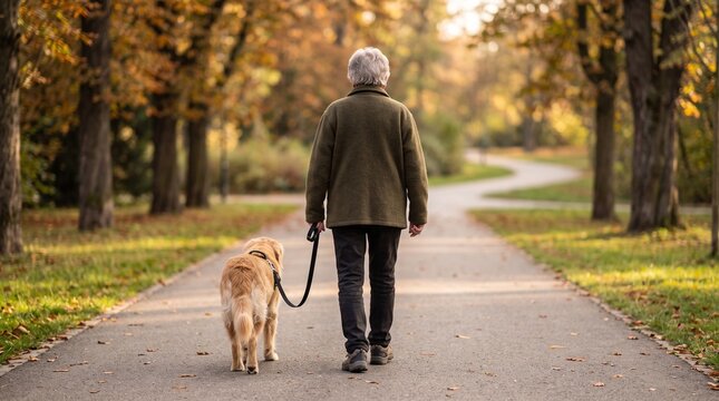 Senior man walking his dog on a scenic autumn path in the park