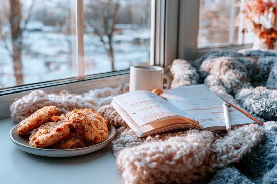 An open planner beside sunlit winter windowsill writing arrangement in golden hour glow.