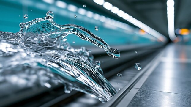 A close-up of splashing water in a modern, industrial setting, illustrating fluid dynamics.