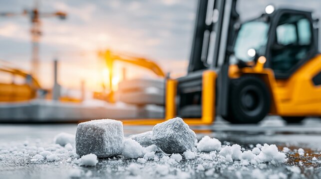 A close-up of ice chunks on a construction site with a forklift in the background.