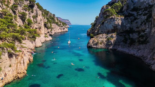 Aerial drone view of the calanques, also known as French fjords, winding bays with turquoise water among high cliffs. Provence, Alps, Cote dAzur, Marseille district, France. High quality 4k footage