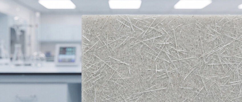 Close-up fiber polymer sample panel in laboratory setting showing reinforced construction material texture
