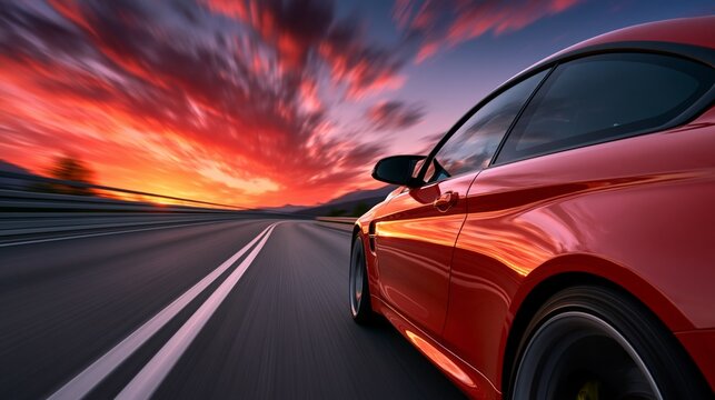 A dynamic shot of a red car racing down a highway at sunset, showcasing speed and freedom.